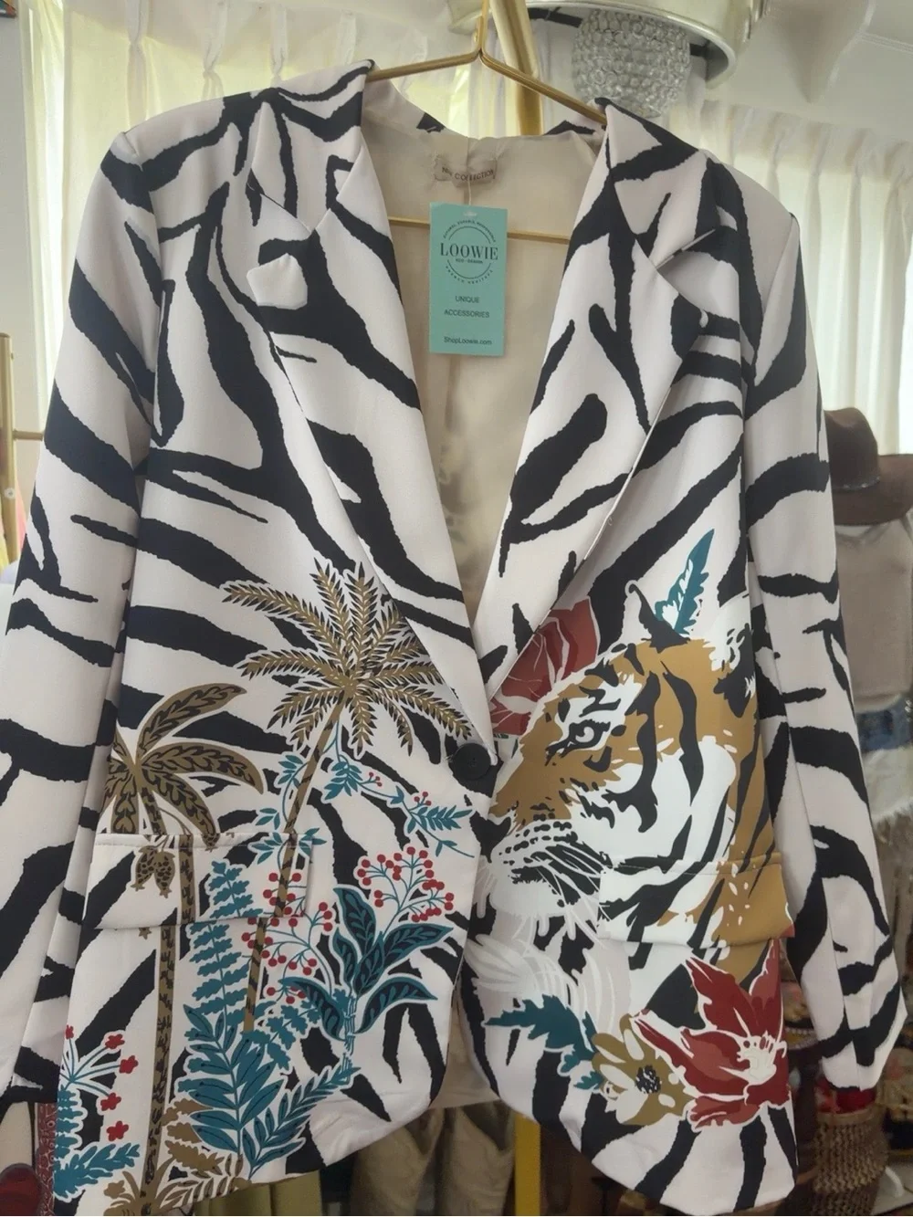 Floral Tiger Print Blazer Jacket in White/Black - Picture 2 of 4